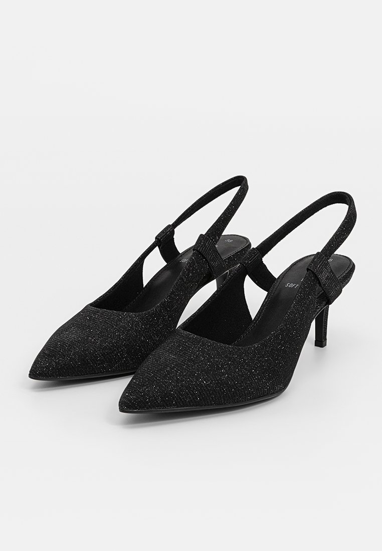 Des escarpins slingback noirs à bout pointu avec une finition texturée et scintillante. Ils comportent une fine sangle à la cheville et un petit talon stiletto.