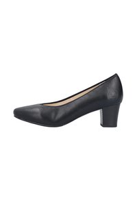 Scarpa nera in pelle con tacco alto, punta arrotondata e tacco a blocco di altezza media. Texture liscia con caratteristiche di design minimaliste.