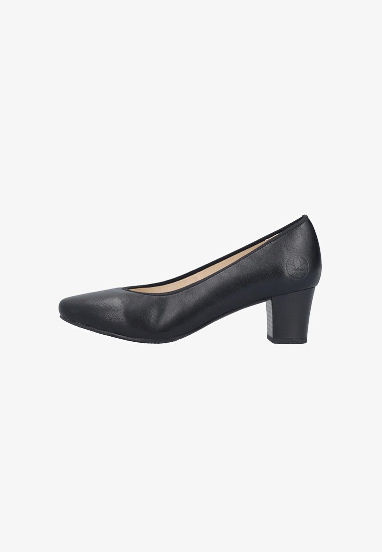 Czarny skórzany but na wysokim obcasie z zaokrąglonym czubkiem i średniej wysokości słupkiem. Gładka tekstura z maksymalnie uproszczonymi cechami designu.