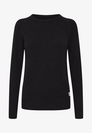 Melnas adītas džemperis ar garām piedurknēm, apaļu kakla izgriezumu, ribotām aprocēm un apakšmalu, gluda tekstūra, ar mazu etiķeti apakšējā labajā stūrī.