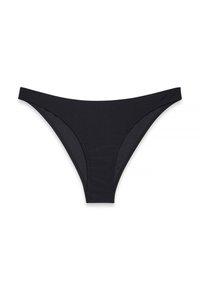 Juodas bikini apatinis trikotažas su minimalistišku dizainu, pagamintas iš lygaus audinio, su vidutinio aukščio juosmeniu ir siaurais šonais, užtikrinančiais elegantišką prigludimą.