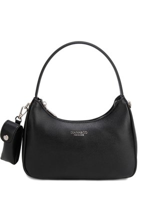 Borsa a tracolla in pelle nera con texture, manico superiore curvo e piccola pochette staccabile agganciata al lato. Logo del marchio argentato sul davanti.