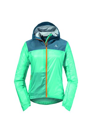 Chaqueta con capucha en verde y azul marino con cierre de cremallera, que presenta cremallera y detalles en naranja contrastante, fabricada con material ligero y reflectante.