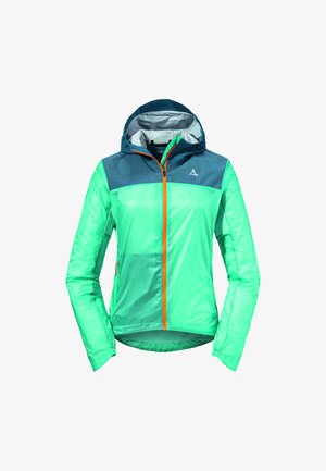 Chaqueta con capucha en verde y azul marino con cierre de cremallera, que presenta cremallera y detalles en naranja contrastante, fabricada con material ligero y reflectante.