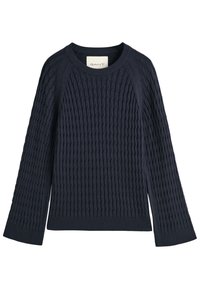 Marineblauer Strickpullover mit strukturiertem Muster, Rundhalsausschnitt und gerippten Bündchen. Verfügt über eine lockere Passform und ein GANT-Label am Hals.