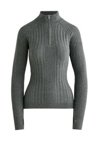 Grå rutig tröja med hög krage och kvartslång dragkedja. Har långa ärmar med åtsittande avslutningar och ett slätt, strukturerat tyg.