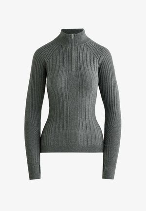 Gray ribbed sweater with a high neck and quarter-zip closure. Features long sleeves with fitted cuffs and a smooth, textured fabric.