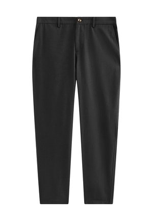 Zwarte rechte broek met riemlussen, steekzakken en een knoopsluiting aan de voorkant.