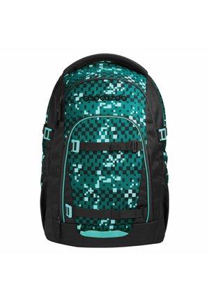 Backpack with a teal and black pixelated pattern, durable fabric, adjustable straps, and a top handle for carrying convenience.