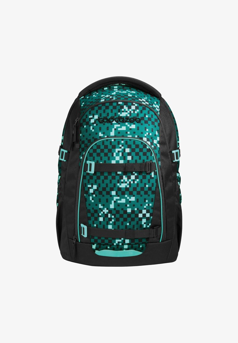 Sac à dos avec un motif pixellisé turquoise et noir, en tissu durable, doté de bretelles réglables et d'une poignée supérieure pour plus de commodité.