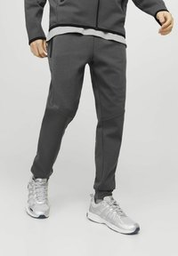 Gray athletic joggers with a fitted design, featuring zip pockets and contrasting textures, paired with silver sports shoes.