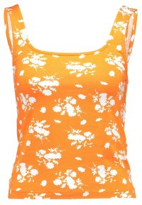 Débardeur orange en tissu doux, avec un motif floral blanc, un col arrondi et des bretelles larges.