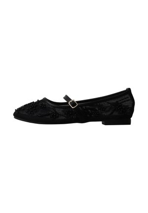 Chaussure plate Mary Jane noire en tissu mesh, avec petite décoration de perles et bride à boucle argentée sur le dessus.