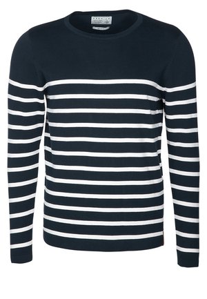 Pull bleu marine à manches longues avec des rayures horizontales blanches sur le corps et les manches, avec un col rond.