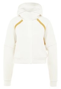Sweat à capuche blanc à manches longues, avec fermeture éclair frontale dissimulée par un rabat, et accents diagonaux couleur beige près des épaules.
