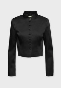 Sort croppet jakke med lange ærmer, ståkrave og syv stofbeklædte knapper ned foran.