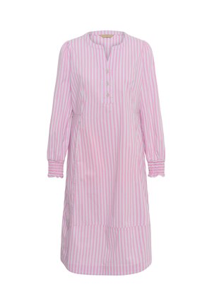 Pink and white vertical striped long-sleeve dress with a round neckline, three decorative buttons, and gathered cuffs.