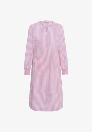 Pink and white vertical striped long-sleeve dress with a round neckline, three decorative buttons, and gathered cuffs.