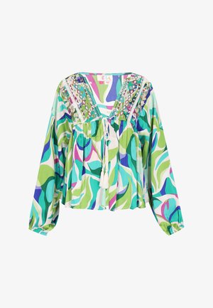 Hosszú ujjú blúz könnyű anyagból, multicolor abtrak minta zöld, kék és lila árnyalataiban; csipke és bojt részletekkel.