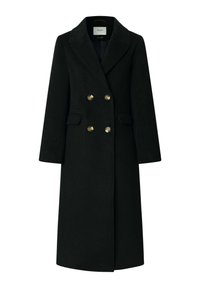 Cappotto in lana nera doppiopetto con colletto a rever, due tasche anteriori e bottoni dorati per un tocco di stile.