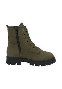 Olive green suede ankle boot with a round toe, lace-up front, side zipper, and a chunky black rubber sole. Features metal eyelets.