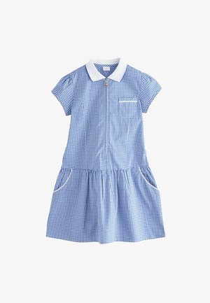 Vestido de cuadros azul y blanco con cuello camisero, mangas cortas, cierre frontal de cremallera y dos bolsillos laterales, con detalle de falda fruncida.