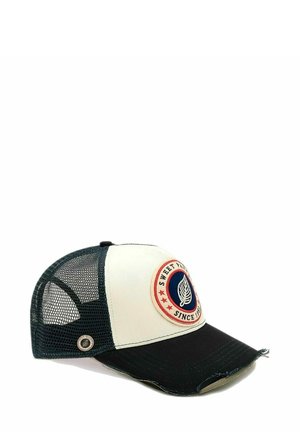 Casquette de baseball avec un devant crème, des côtés en maille bleu marine et une visière noire. Présente un patch circulaire avec "SWEET PARK" et un motif de feuille.