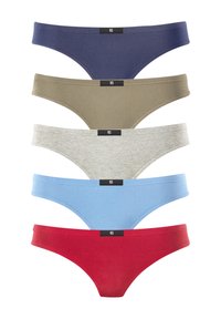 Fünf Paare Baumwollunterwäsche in Marineblau, Oliv, Grau, Hellblau und Rot. Neutrales Bündchen mit kleinem schwarzem Logo auf jedem Paar.