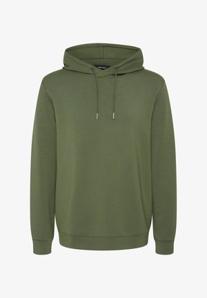 Sudadera verde oliva hecha de material suave, con una capucha espaciosa y cordones, así como puños y dobladillo acanalados para un ajuste cómodo.