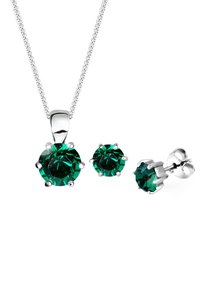 Set de bijuterii cu pietre prețioase de culoare verde smarald, format dintr-un pandantiv rotund cu un lanț de argint și cercei cu mărgele asortate, toate cu prindere cu clemă.