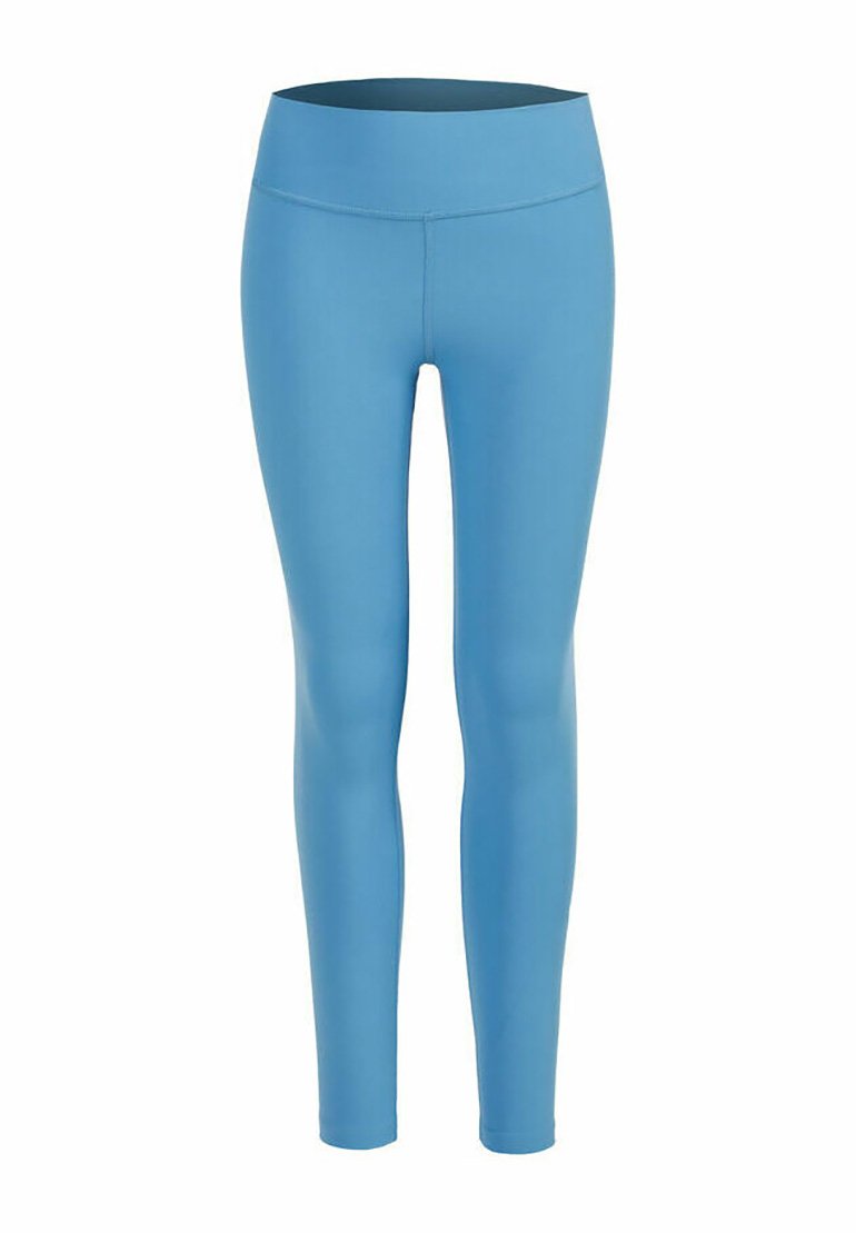 Leggings atléticos azules hechos de un material suave y elástico con una cintura alta, que presentan un diseño ajustado que se estrecha hasta los tobillos.