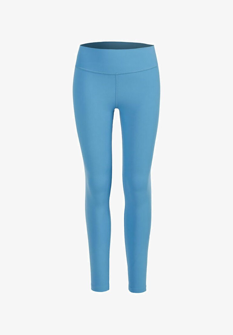 Leggings de sport bleus en matière lisse et élastique, avec une taille haute, présentant un design ajusté qui se resserre aux chevilles.