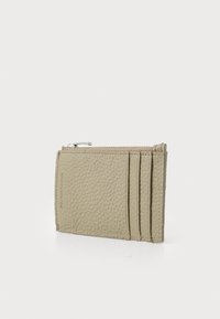Leather card wallet in light beige with a textured finish, featuring a zippered pocket and multiple card slots on one side.