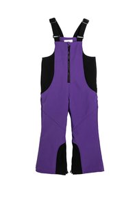 Paarse softshell overall met zwarte zijpanelen, verstelbare schouderbanden en een ritssluiting aan de voorkant. Bevat open zoom met ritsen voor gemak.