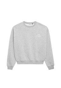 Felpa grigia in misto cotone, con colletto a girocollo, polsini a coste e un piccolo logo bianco sul petto. Fit classico e rilassato.