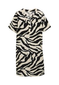 Abito a maniche corte in crema con un motivo a strisce zebra bianco e nero, caratterizzato da un collo a V e una vestibilità rilassata. Tessuto dalla consistenza liscia.