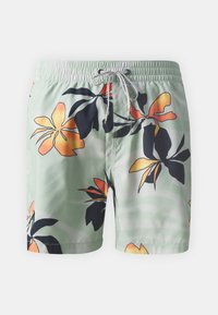 Costum de baie pentru bărbați, dintr-un material verde deschis, cu un imprimeu floral. Are flori portocalii și negre, talie elastică și șnur.