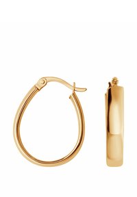 Złote kolczyki w kształcie obręczy w formie kropli, z polerowaną powierzchnią i zapięciem na zawias, co zapewnia wygodę noszenia. Prosty design, bez dodatkowych ozdób.