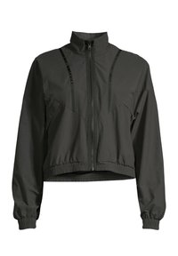 Beskaaret, mørkegrå windbreaker jakke med høj krave, frontlynlås, elastisk talje og ribbede manchetter. Har et strømlinet design og minimal hardware.