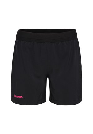 Zwarte sportshorts met een elastische tailleband, voorzien van een roze "hummel" logo op de voorkant aan de linkerkant en een lichte, gestructureerde stof.