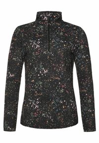 Maglietta nera a maniche lunghe con zip a metà, caratterizzata da un motivo a pois multicolore in rosa, verde e giallo su uno sfondo scuro.