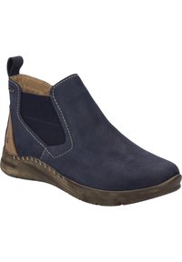 Marineblaues Lederknöchelboot mit elastischen Seiteneinsätzen, genähten Akzenten und einem braunen Absatz. Flexible Sohle und runde Zehenform.