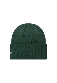 Gorro de punto de color verde oscuro con un dobladillo acanalado. Hecho de material suave con una textura lisa, presenta líneas verticales sutiles.