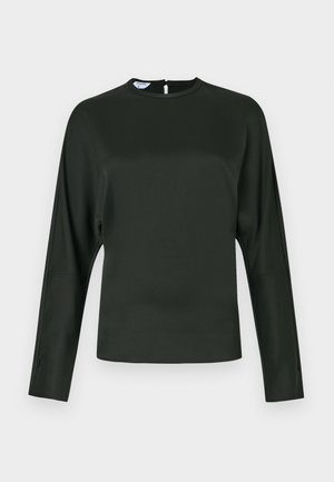 Dark green long-sleeve top in smooth fabric. Features a high neckline and a back keyhole closure. Straight cut with minimal detailing.