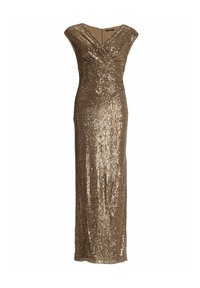 Abito da sera senza maniche con paillettes dorate, scollo a V con design a incrocio e silhouette lunga aderente.