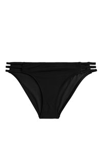 Parte inferior de bikini negra con una textura suave, piernas de corte alto y tres cintas laterales delgadas como detalle de diseño.