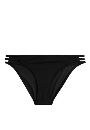 Musta bikinin alaosa, jossa on sileä pinta, korkealle leikattuja lahkeita ja kolme hoikkaa sivunauhaa suunnittelu yksityiskohtana.