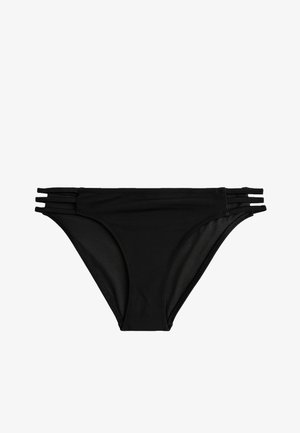 Schwarze Bikinihose mit glatter Textur, hohen Beinausschnitten und drei schmalen Seitenträgern für einen besonderen Designsatz.