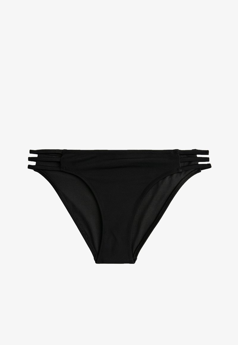 Parte inferior de bikini negra con una textura suave, piernas de corte alto y tres cintas laterales delgadas como detalle de diseño.