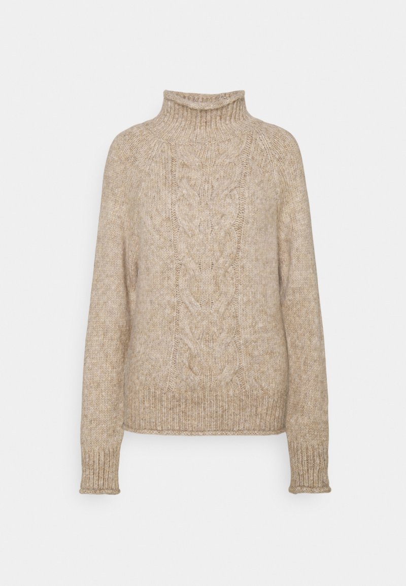 Pull à col roulé tricoté beige avec motif torsadé sur le devant, manches longues, poignets et ourlet côtelés.